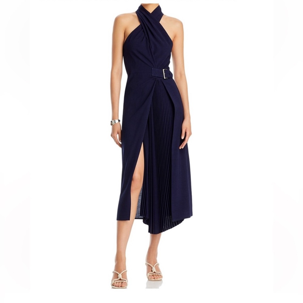 A.L.C. 6 Fiona Belted Pleated Plissé Halter Midi Dress Navy Women Formal Gown